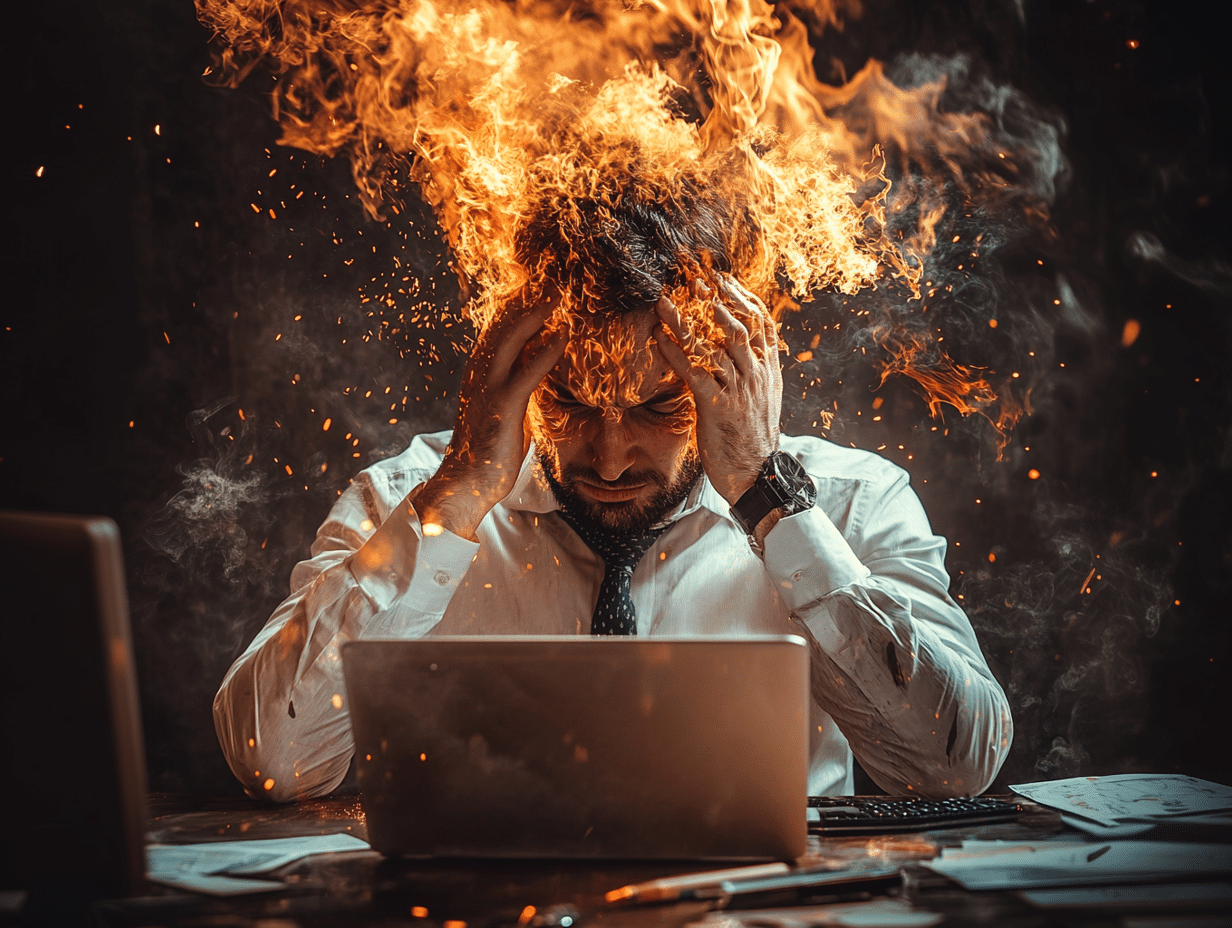 Person im Büro, die gestresst und wütend vor einem Computer steht; symbolisch für den Umgang mit Stress und emotionalen Ausbrüchen durch psychologisches Coaching von Kindheitstraumata.